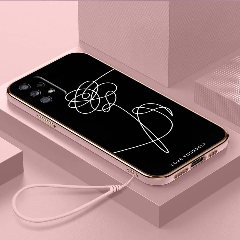 Luxury Plated TPU Phone Case With Lanyard for Samsung Galaxy A04 05s A13 A14 A24 A54 A34 Note20 S23 Ultra Cases A18 Love Yourself Flower Art Cover