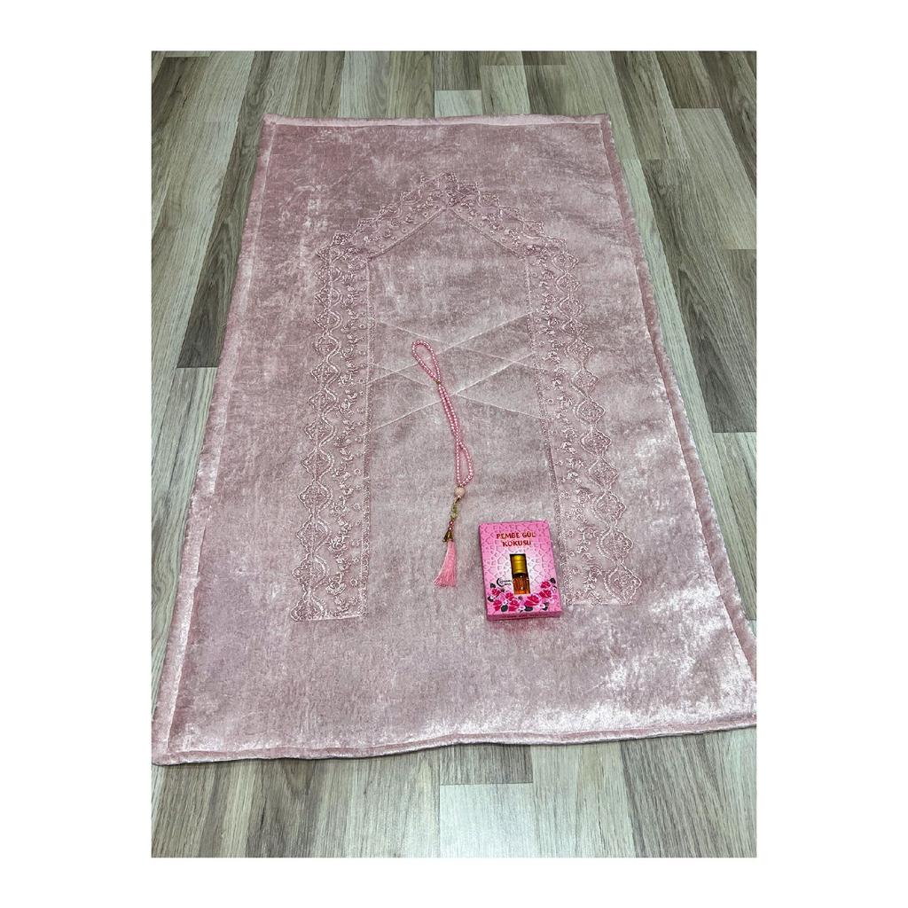 3 Piece Prayer Rug Set, Dowry Bundle Boxed, Velvet Laced Bride And Groom Set