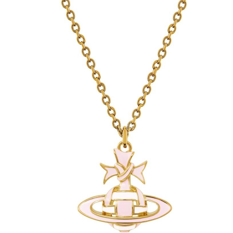 Vivienne Westwood Ribbon Enamel Brass Gold-Plated Saturn Shaped Bow Ribbon Decorative Wrapped Necklace Women necklace Pink 630203FJ-02R882