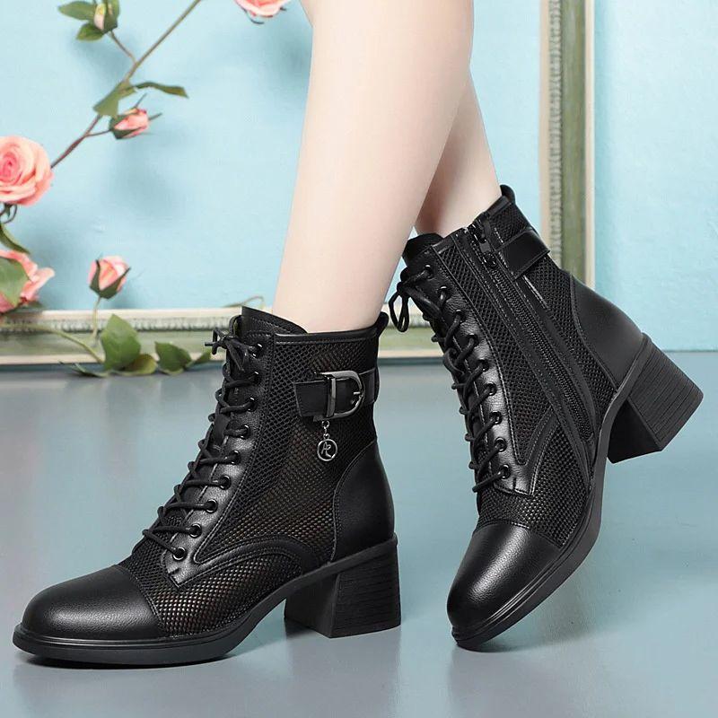 Модные дышащие сетчатые кожаные ботинки с вырезом, женские босоножки на платформе, лето 2024 года, повседневные ботинки на высоком каблуке
