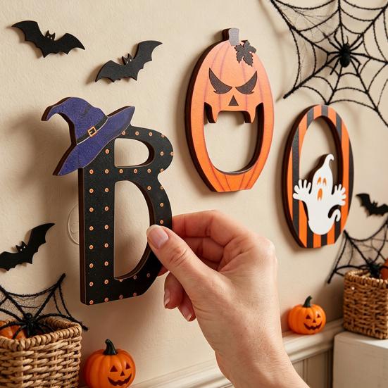Solid Wood Halloween Signs Wooden BOO Ornaments for Tabletop Tiered Tray Decor, Decorative Boo Letters Creative Letter Decorations Festive Holiday