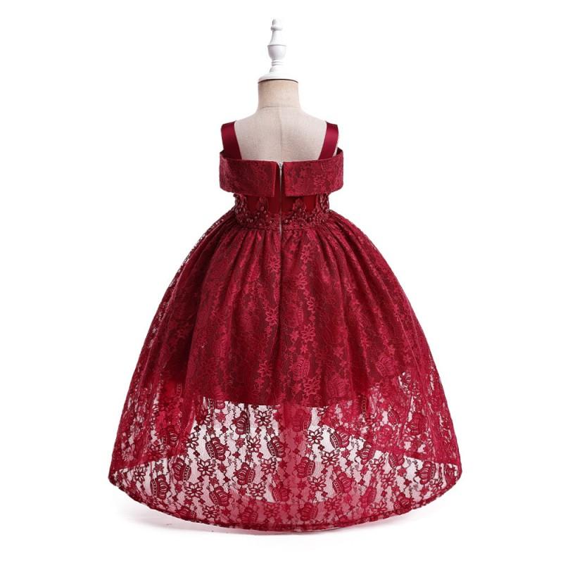 Girls Tulle Sling Train Dress Flower Girl Beaded Gown Piano Performance