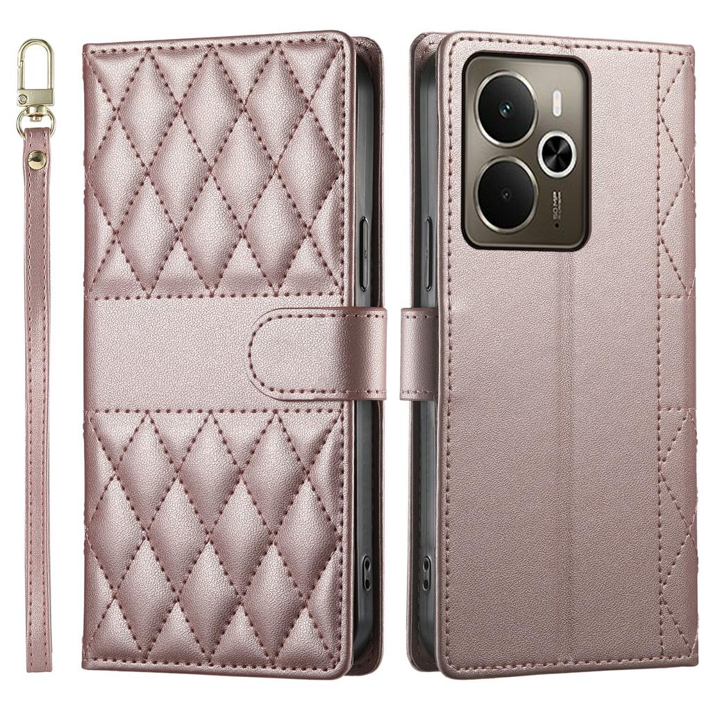 Для Realme 14 5G Чехол Ромбовидная прострочка Кошелек Подставка Кожаный чехол для телефона с длинным/коротким ремешком