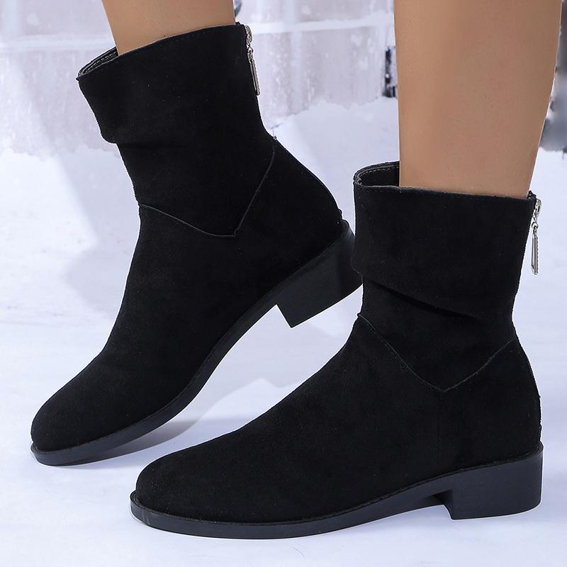 Fashion Autumn Womens Solid Pleated Ankle Boots Fashion Faux Suede Square Heel Boots Ladies Round Toe Back Zipper Office Shoes Boats