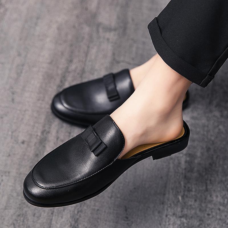 Men Leather Casual Shoes Summer Men Dress Shoes Half Slippers High Quality Simplicity Black Loafers Men Mules Lightweight Flats