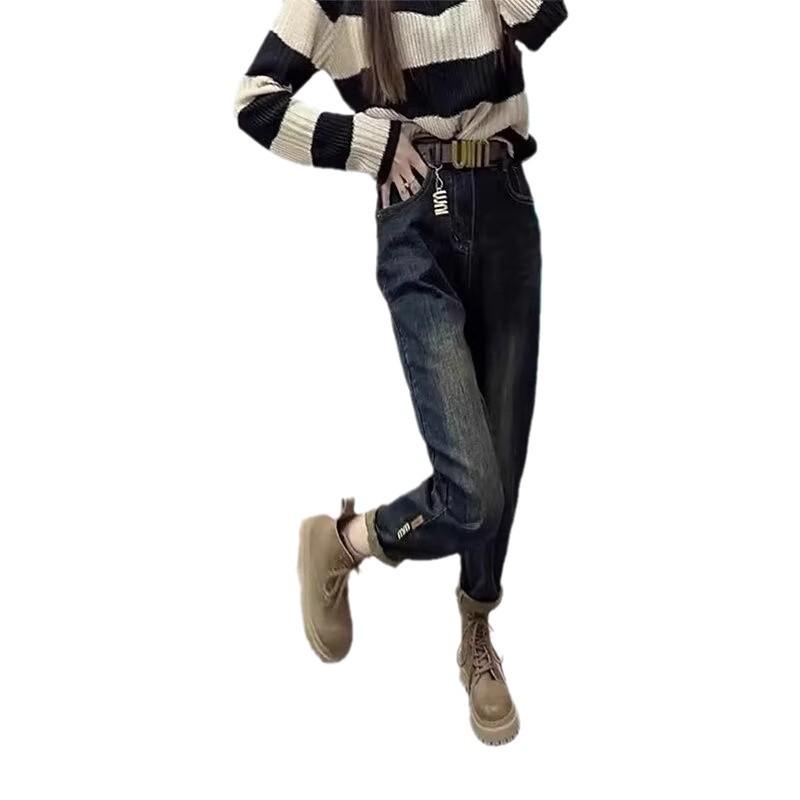 Джинсы гаремного кроя из ретро-синего бархата с высокой посадкой больших размеров для женщин с фигурой «груша»