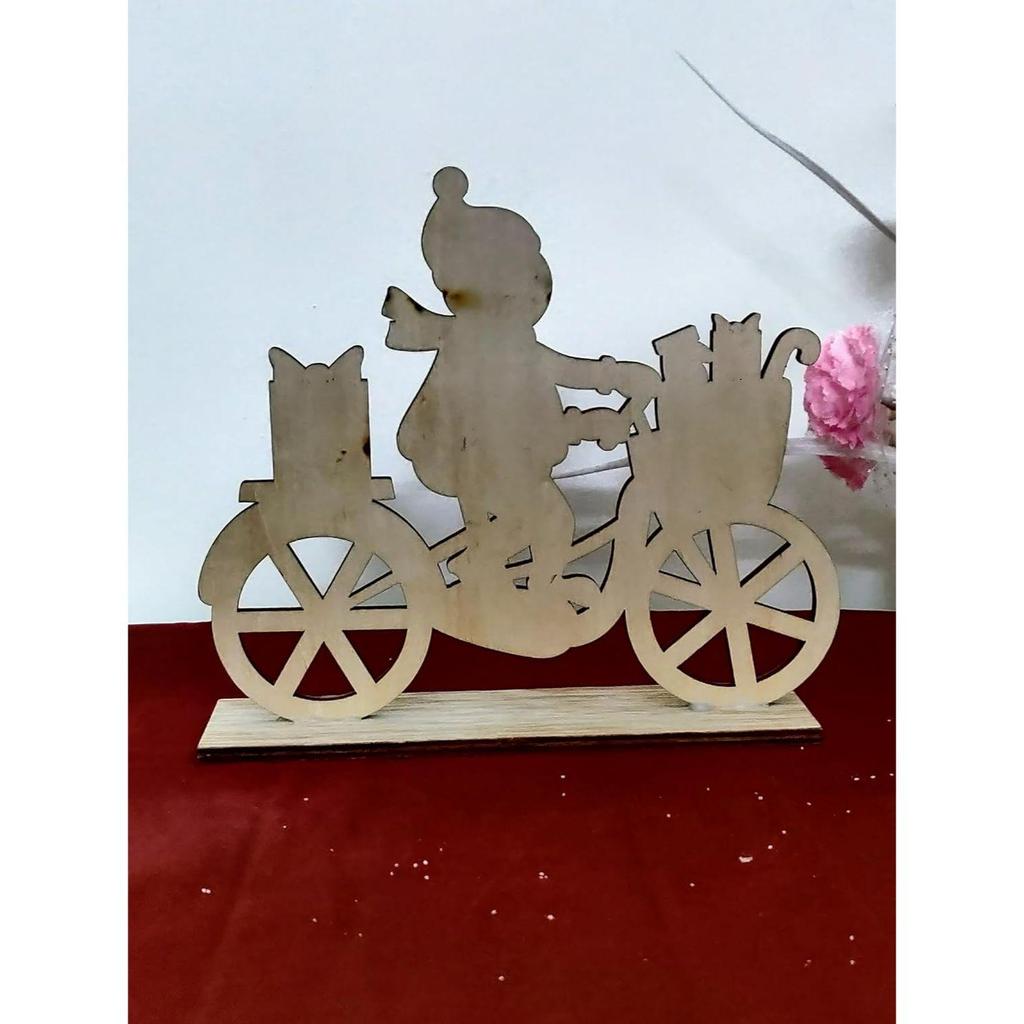 New Handicrafts Christmas Decoration Small Wooden Decors Christmas Gift (Santa On Cycle Engraved In Wood)