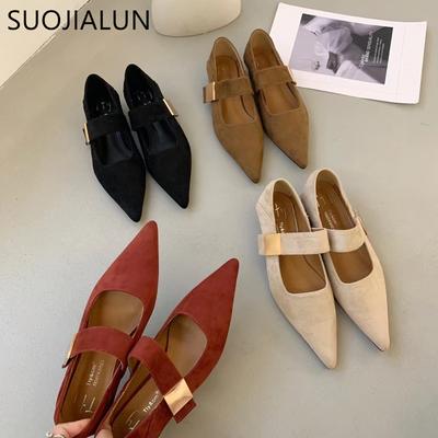 Мода SUOJIALUN Осень Женщины Новые Бренд Балетки Мода Красный Острый Носок Туфли Мэри Джейн Пряжка Плоский Каблук Уличные Платье Балетки