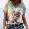 Summer V-neck 3D Cat Printed Top Fashionable Casual Short Sleeved Women's T-shirts