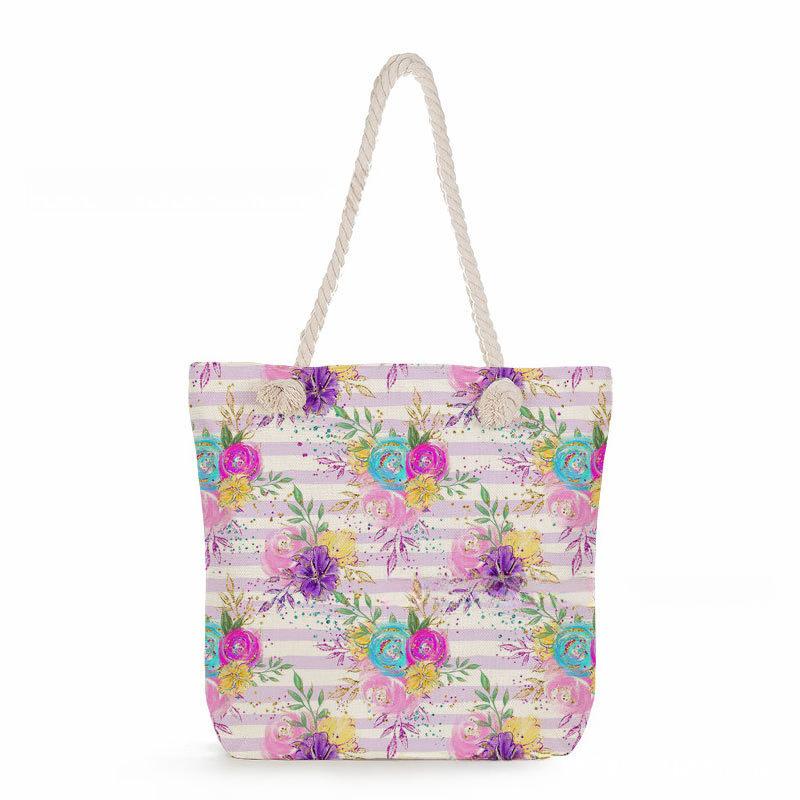 Однолямочная пляжная сумка с цветочным принтом и толстой веревкой 7357 CLE