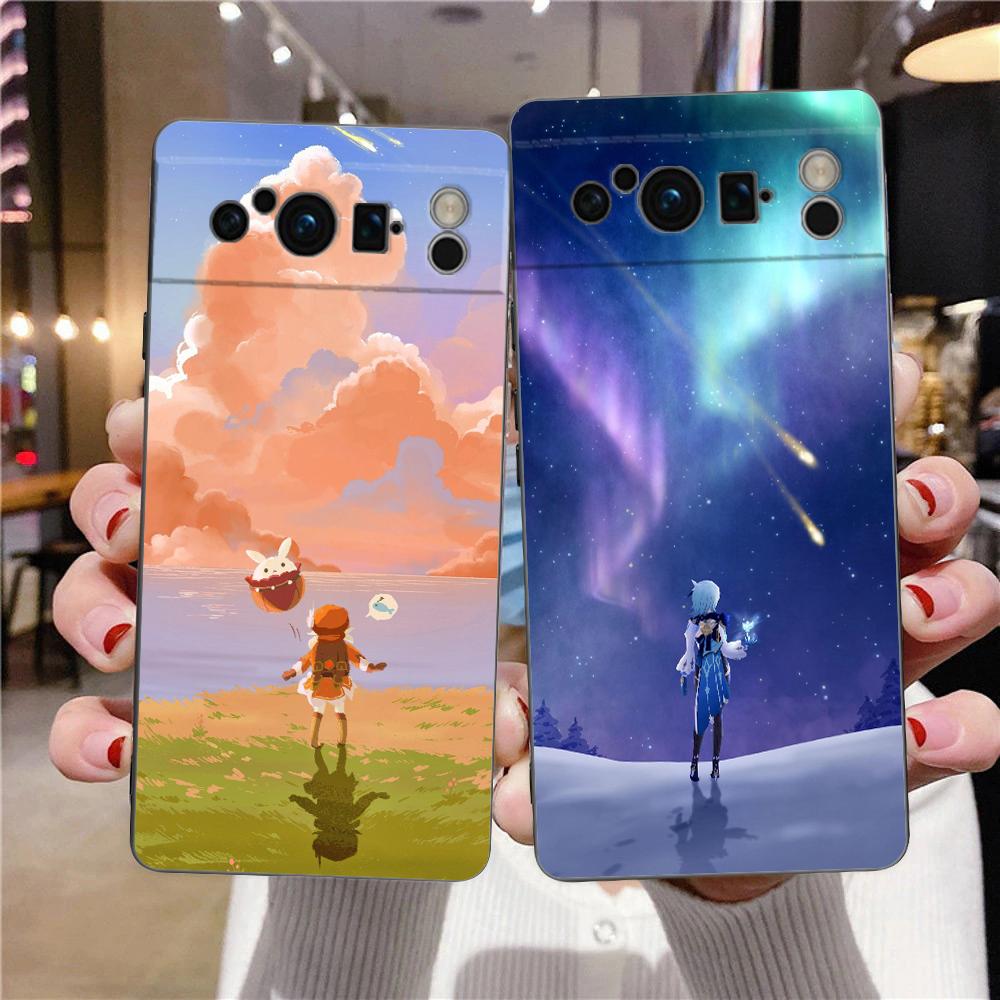 Пейзаж игры Genshin Impact Чехол для телефона для Google Pixel 8 A 7 6 Pro 6A 5G Черный Мягкий Противоударный Чехол Силиконовый TPU Чехол