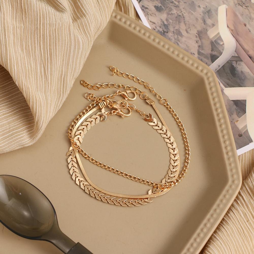 Ножной браслет в стиле ретро, ​​новая многослойная цепочка с подвеской в ​​виде бабочки, ножной браслет с молнией и листьями, модный трендовый браслет