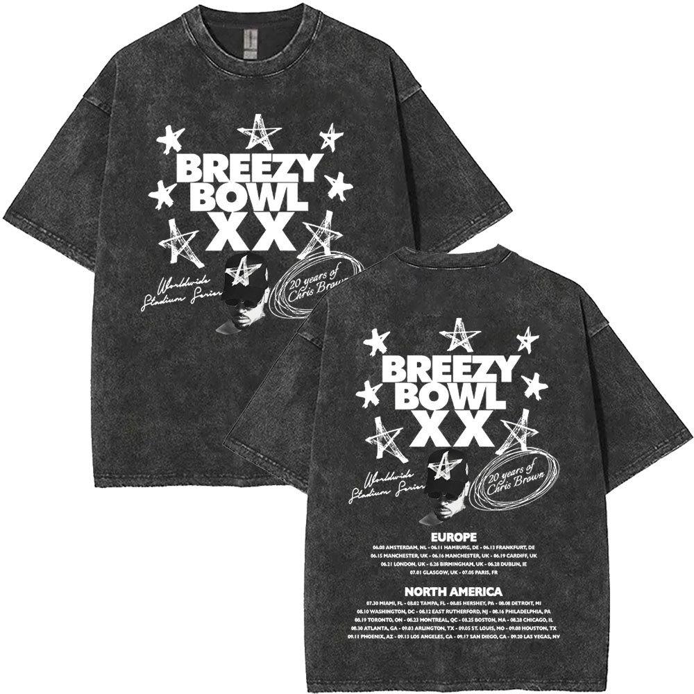 Washed Chris Brown Breezy Bowl Xx Tour T-Shirts Men Hip