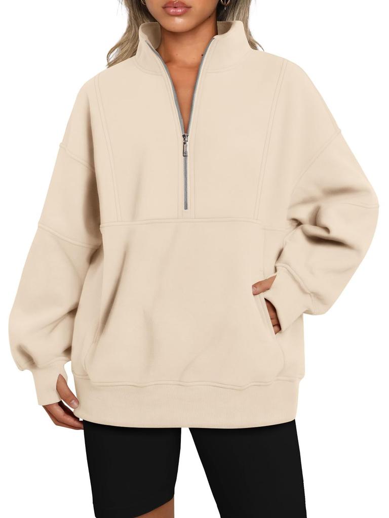 Women's Fleece Hoodie with Pockets, Half Zip, Loose Fit, Contrast Collar, Warm Lined