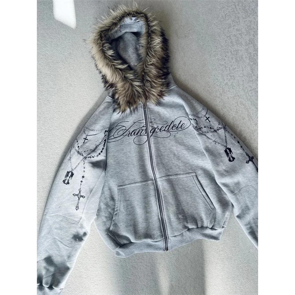 BeatStreet Модная Уличная Одежда Женская Готическая Панк Куртка С Капюшоном Из Искусственного Меха С Принтом Креста Модный Дерзкий Свитшот На Молнии