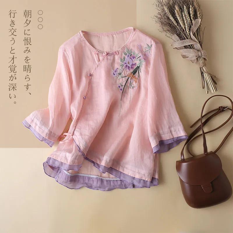 Этническая льняная рубашка с вышивкой, рукавом три четверти и косой планкой для женского летнего нового топа-блузки