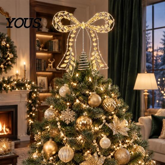 Modern Gold Christmas Ornament Iron Bow Tree Topper, Rhinestone Hollow-Cut Metal Topper with Spiral Base, Elegant Holiday Decoration Reusable