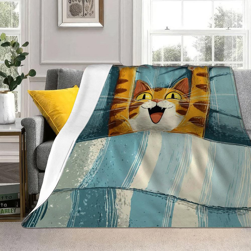 happy cat is stretching on the bed Flannel printed blanket suitable for all seasons suitable for living room office sofa travel