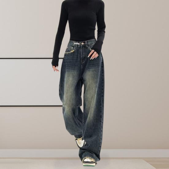Женские джинсы с широкими штанинами длиной до пола, свободные джинсовые брюки с высокой талией и застежкой-молнией на пуговицах, винтажная уличная одежда, винтажные прямые длинные брюки