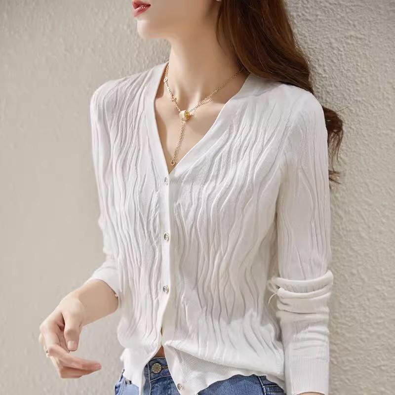 Cardigan Jacket Spring and Autumn Women's Solid Color Long-sleeved Sweater V-neck Knitwear