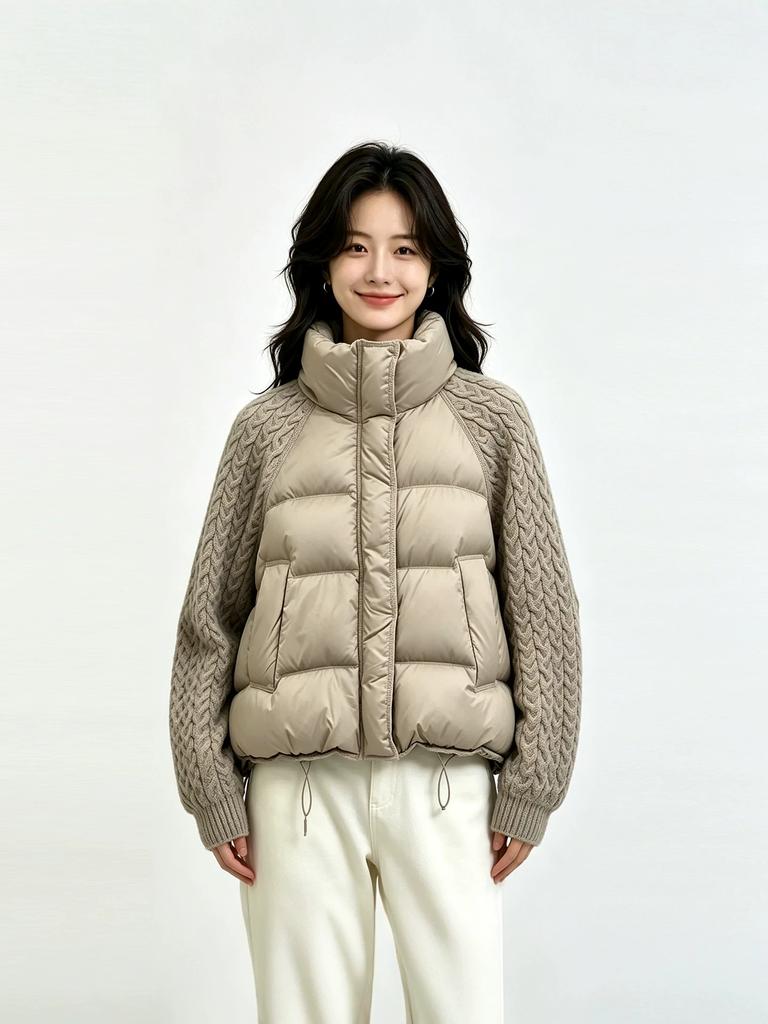 Women's autumn and winter short jacket stand-up collar cotton clothes knitted splicing sleeves loose warm cotton clothes direct supply