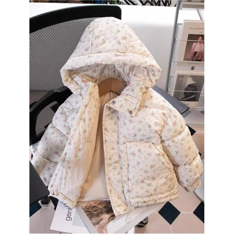 Girls Winter Cute Hooded Floral Cotton Jacket Long-sleeved Thickened Bread Clothes