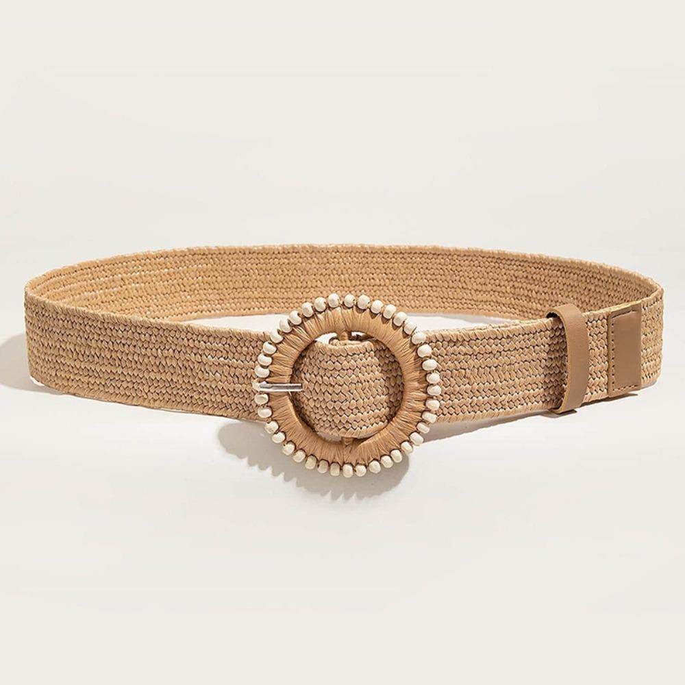 Vintage Woven Boho Straw Weave Belt Retro Hollow Out Bohemian Style Belt Wide PU Leather Ethnic Style Waistband Dress Decoration