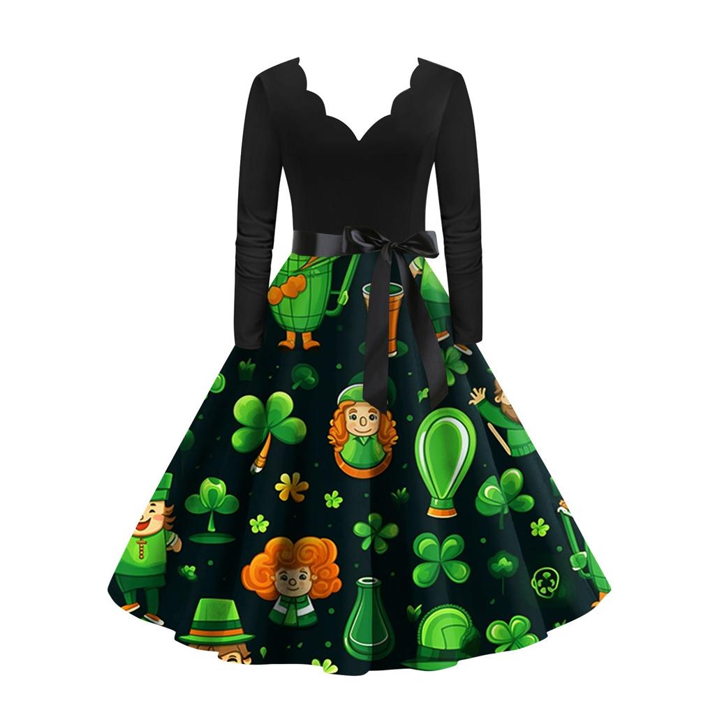 Women's Vintage Classic Dress Long Sleeve St. Patrick's Day Print V-neck Swing Dress