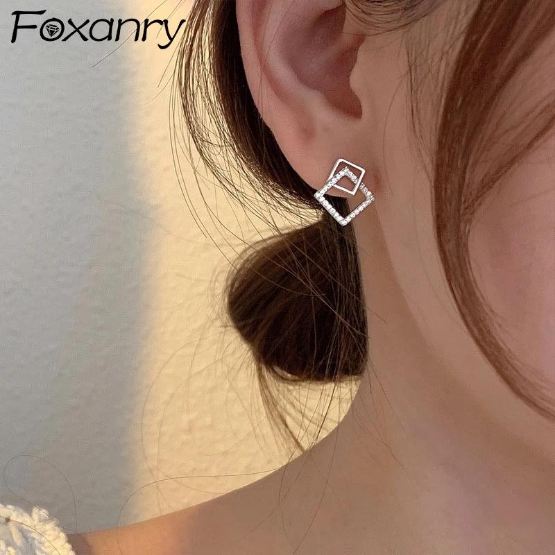 foxanry Серьги-гвоздики серебряного цвета для предотвращения аллергии, новые модные милые сверкающие циркониевые геометрические вечерние украшения, подарок для пары