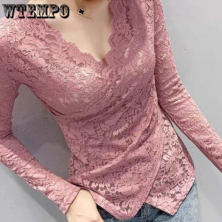 Autumn and Winter Padded Sexy V-neck Long-sleeved Cross Slim Age-reducing Blouse Hundred Lace Bottoming Shirt