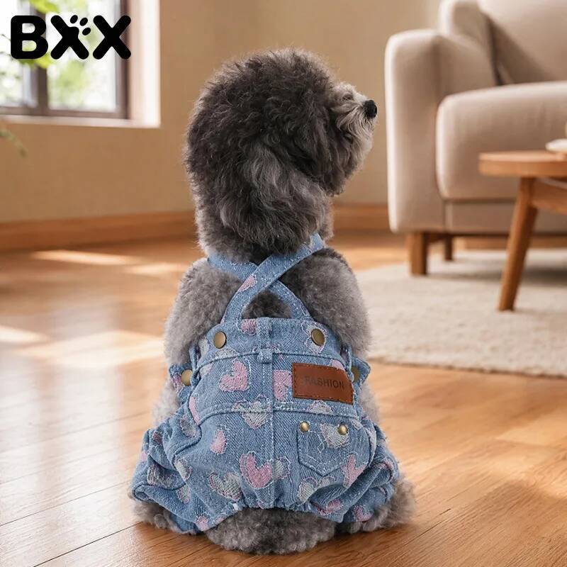 BXX Small Dog Denim Overalls With Cute Heart Print Pet Clothes For Teddy Bichon Shih Tzu Lightweight Daily Wear