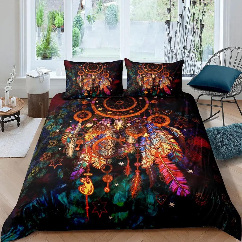 Dream Catcher Duvet Cover Set Purple Bedding Set Chic Boho Mandala Floral Feather Design Galaxy Comforter Cover Set Queen Size