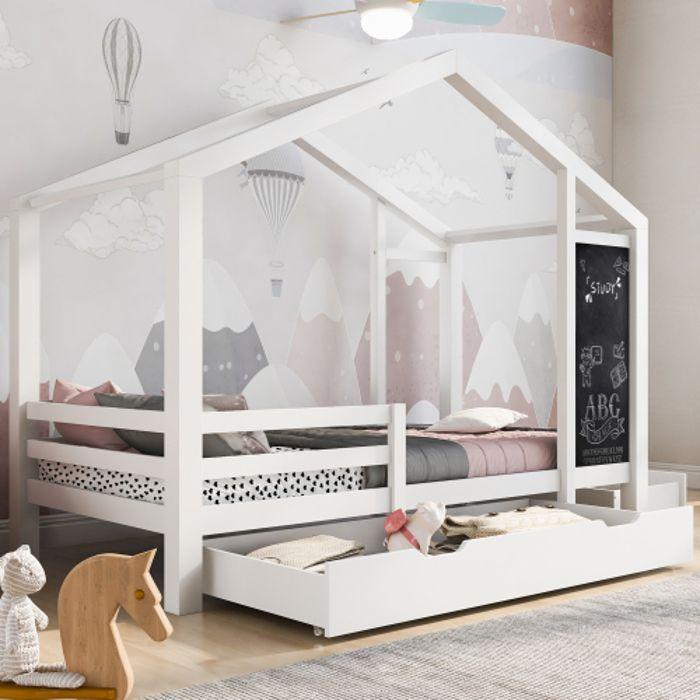 Детская кровать - MUVOE - 90 x 200 см - Массив дерева - 2 ящика - Защитный бортик