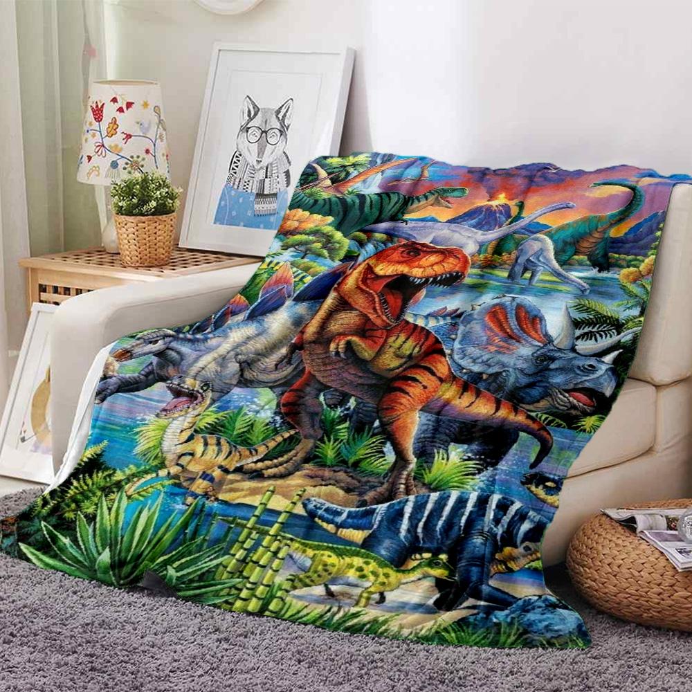 Jurassic Dinosaur Group Volcano Jungle Print Flannel Blanket Prehistoric Wildlife Throw Blanket Soft Cozy Home Sofa Bed Decor for Dino Lovers