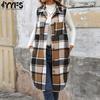 Женская мода повседневная осень-зима клетчатый принт без рукавов поло воротник пальто(Женский)