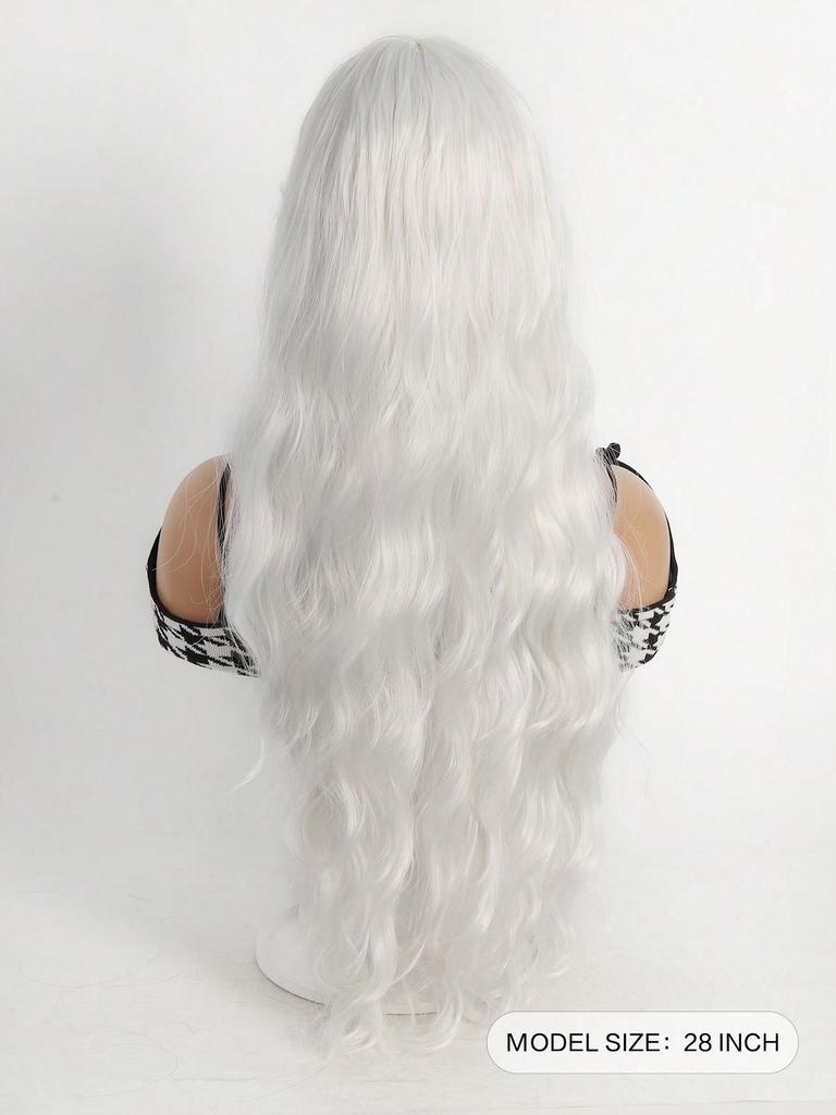 White Long Wig for Women 28 Inch Curly Wig Wavy Bangs Wig for Cosplay Party Halloween Christmas Daily Use