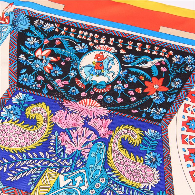 Manual Hand Rolled Twill Silk Scarf Women Floral Bag Print Square Scarves Wraps Echarpe Curled Foulards Femme Bandana Hijabs