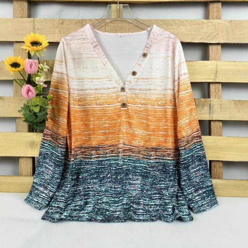 Плюс Размер Женский Новый Осенний Принт Свободный Длинный Рукав Топ V Вырез
