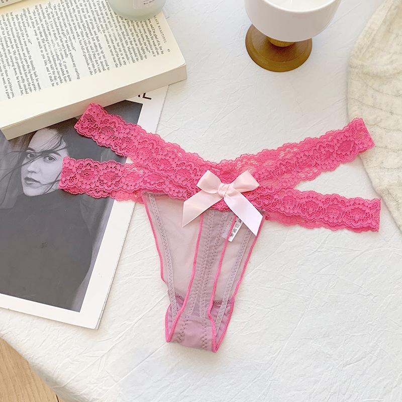 Sexy Color Blocked Lace Low Waist Panties Half Hip Thong Seductive Mesh See Through Women's Panties