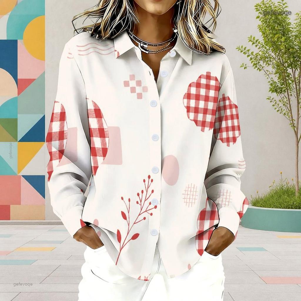 Women Plus Size Collared Neck Long Sleeve Printed Button Front Curved Hem Shirt