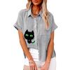 Большие размеры Женская модная льняная рубашка Лето и осень Повседневная блузка с принтом кота Женская свободная футболка с короткими рукавами на пуговицах