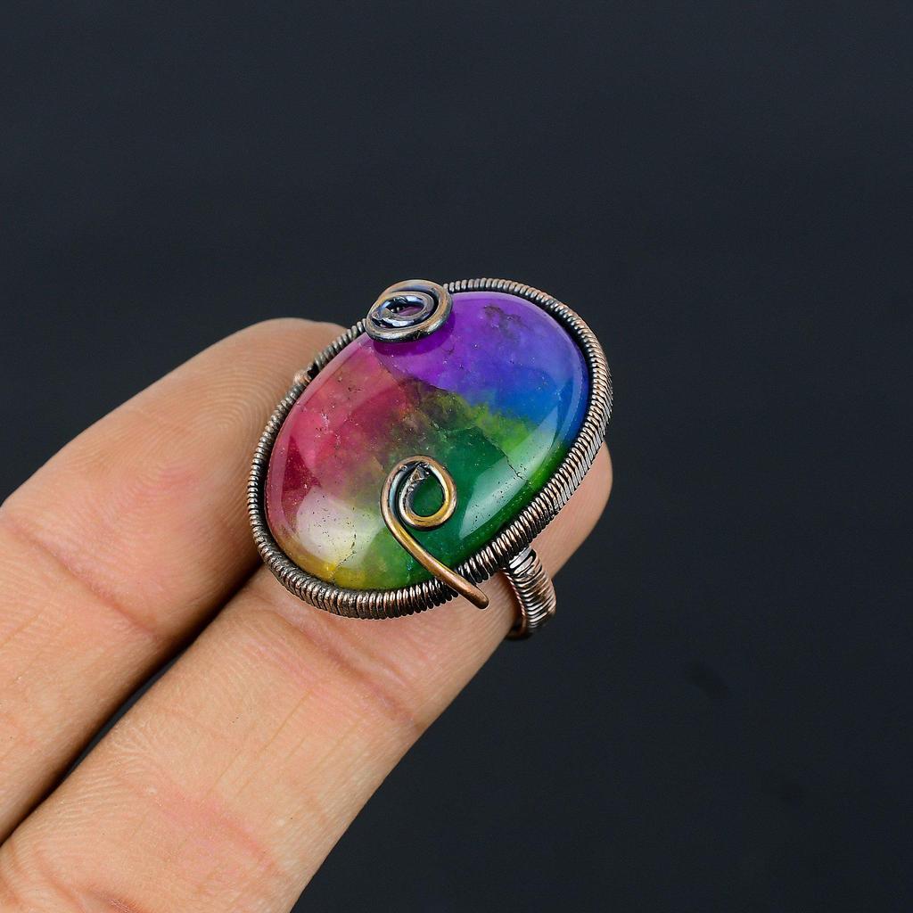 Rainbow Solar Quartz Gemstone Copper Wire Wrapped Handmade Jewelry Ring For Her All Size