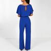 Women Jumpsuit with Lace-up Belt Wide Leg Short Sleeves Pure Color O Neck High Waist Outfit Casual Formal Long Romper Outfit