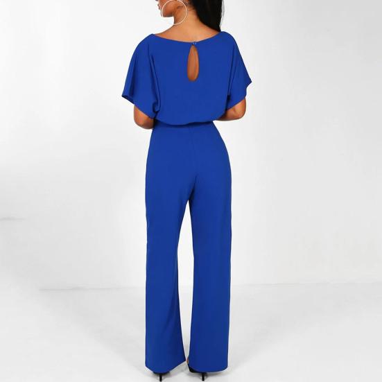 Women Jumpsuit with Lace-up Belt Wide Leg Short Sleeves Pure Color O Neck High Waist Outfit Casual Formal Long Romper Outfit