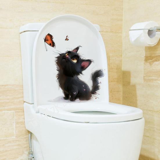 Черная кошка бабочка наклейка на унитаз ПВХ водонепроницаемая съемная самоклеящаяся гостиная ванная комната настенное искусство мультяшный котенок крышка унитаза украшение наклейка