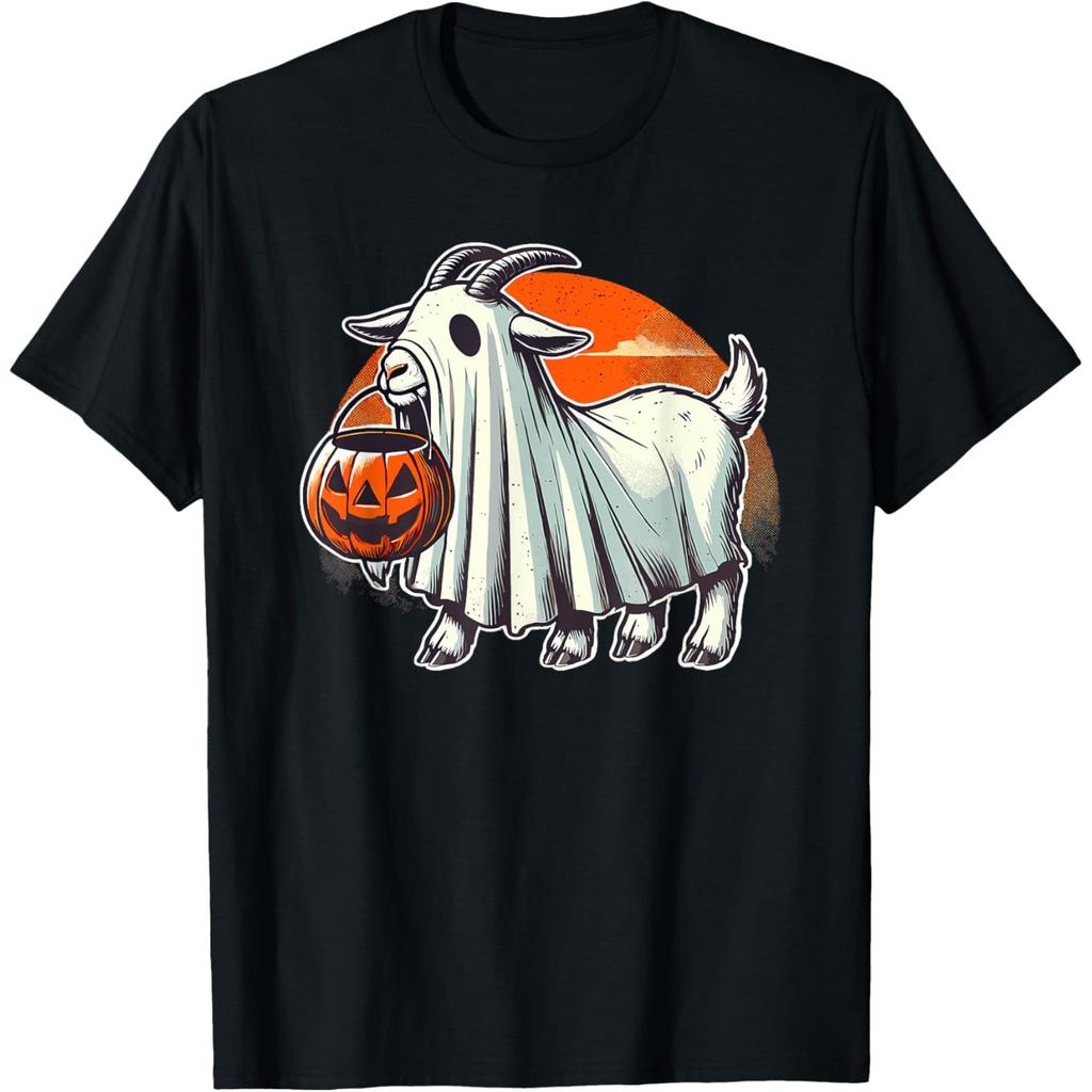 Goat Ghost Halloween Graphic Tee Funny Trick Or Treat Casual Round Neck T-Shirt