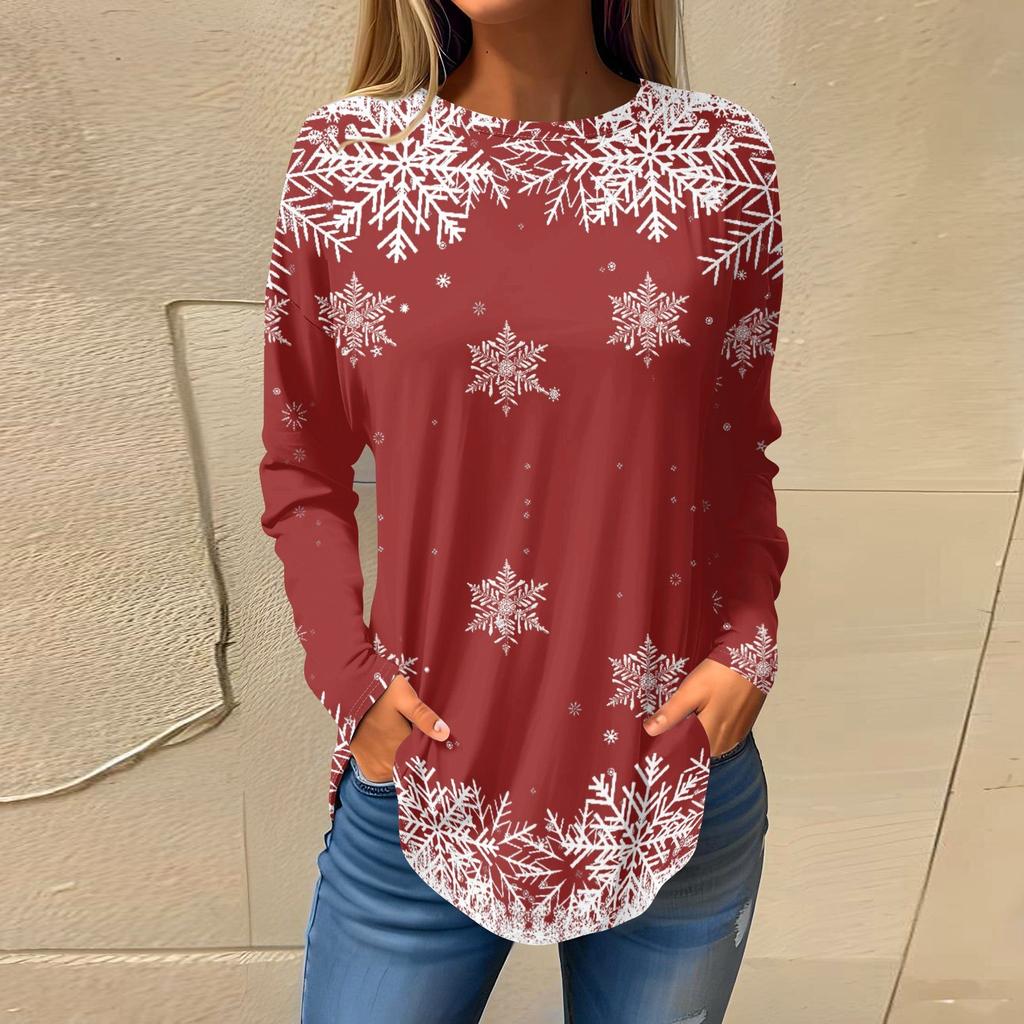 Tee Shirts For Women Fall Casual Long Sleeve Shirts Sweatshirt Vintage Graphic Printing Top Pullover Christmas
