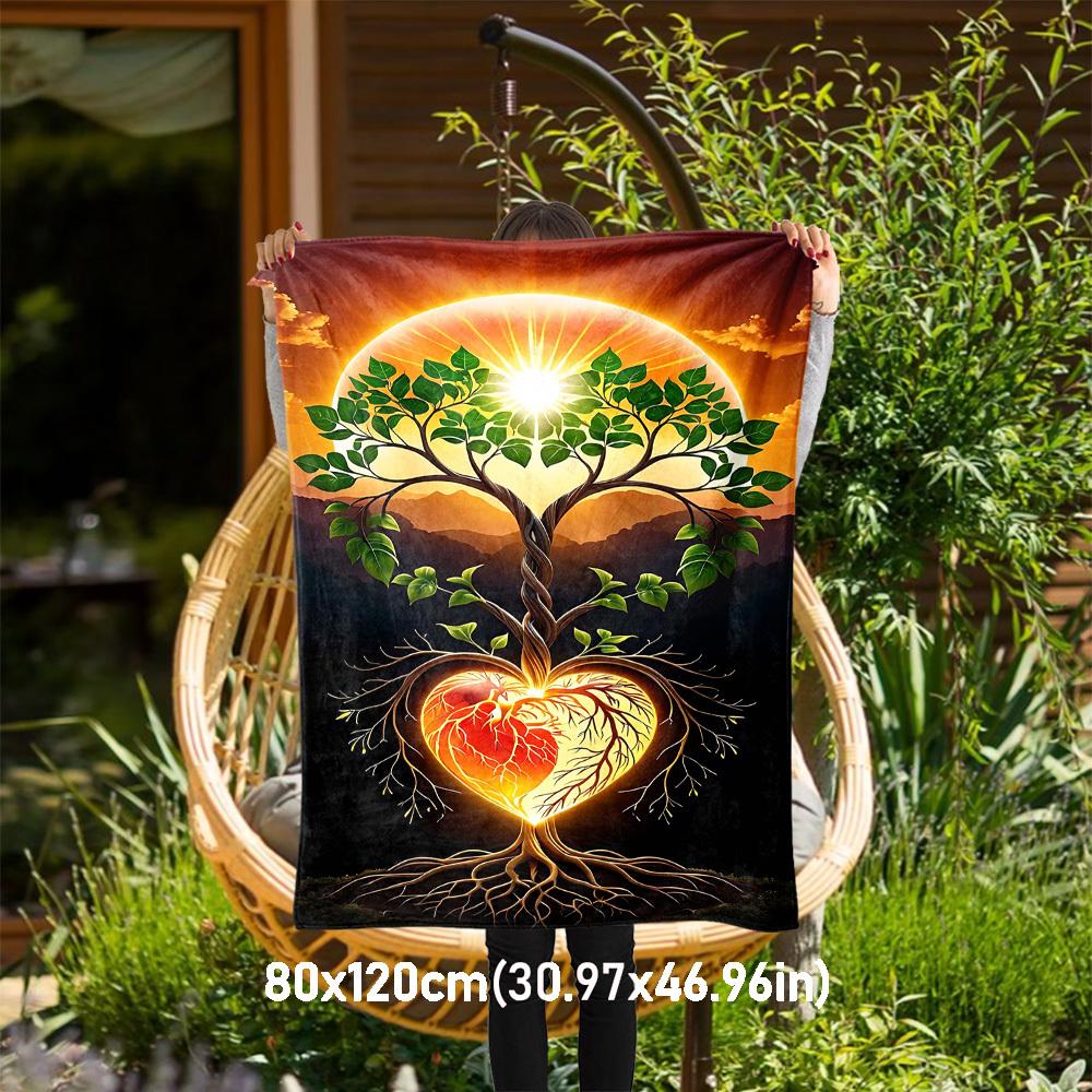 1pc Tree Heart Outdoor Flannel Blanket Soft Warm All-Season Throw for Sofa Bed Car Camping Office, Cozy Gift Idea1133S