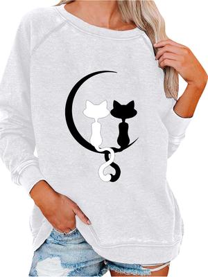 Женский свитшот весна/осень, женский модный топ с принтом кошки, свитшот-пуловер оверсайз