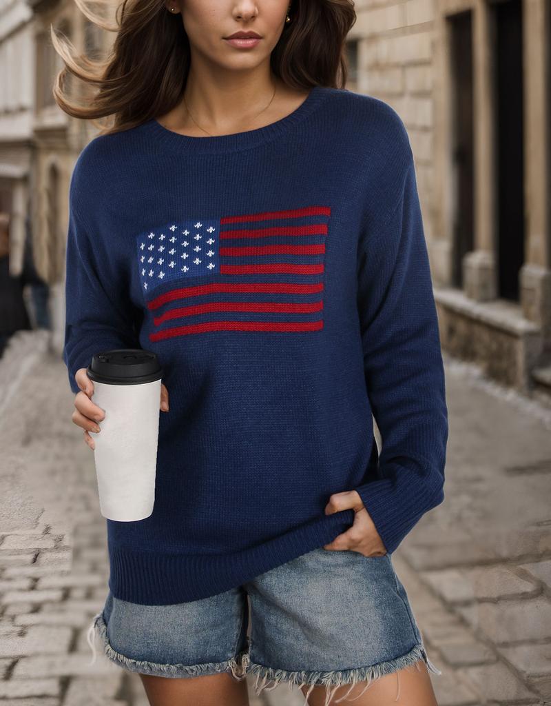 Autumn and winter new Temu hot sale crew neck national flag European and American Easter Independence Day fashion sweater women